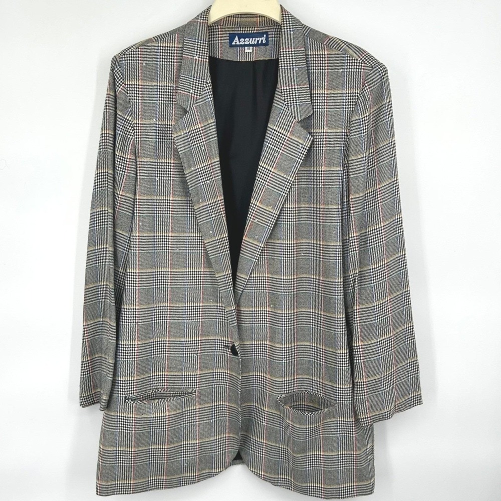 Womens Vintage 80s Oversized Plaid Blazer Gray Longline Academic Azzurri Sz 18
